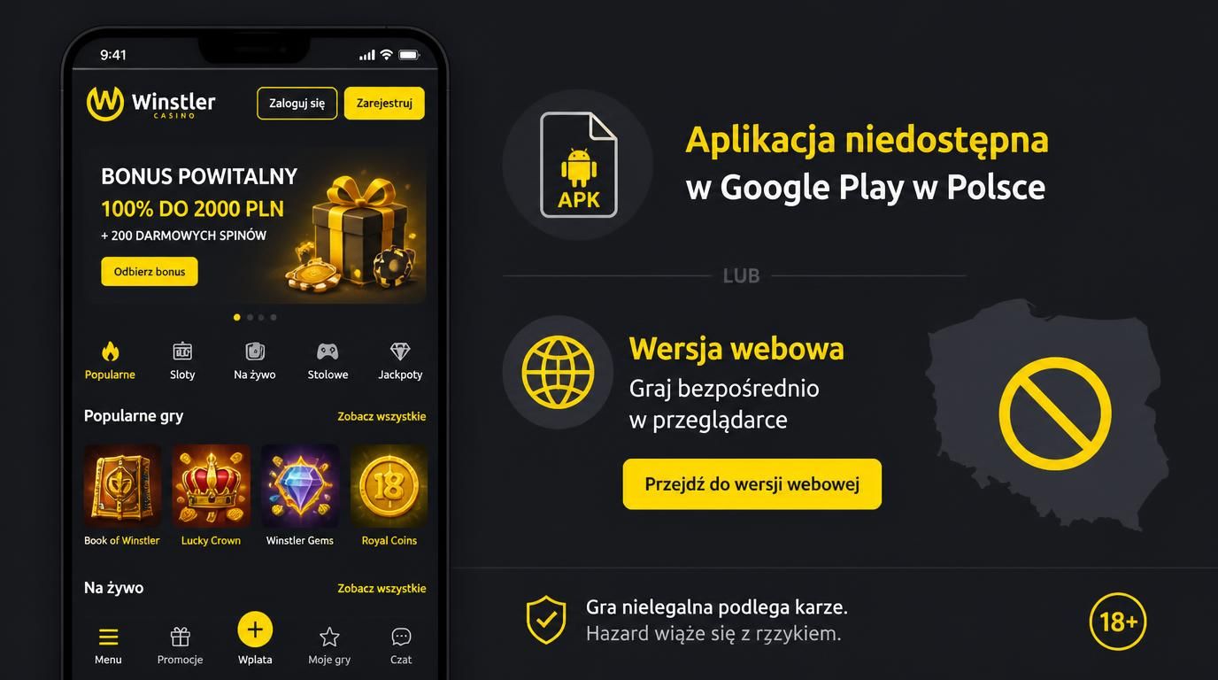 Interfejs pokazuje ekran z informacją o niedostępności aplikacji w Google Play, APK i opcjach dla Polski