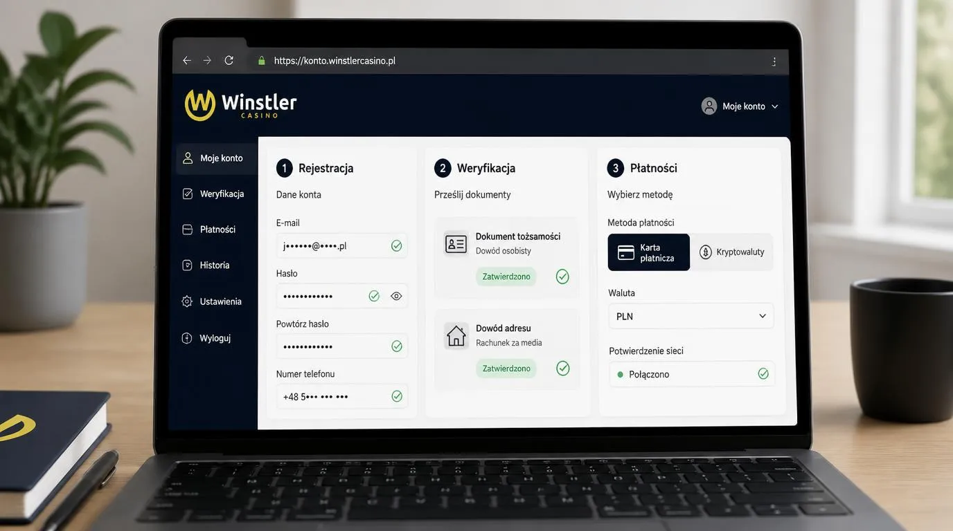 Panel rejestracji, przesyłania dokumentów KYC i wyboru metody wpłaty na konto kasyna