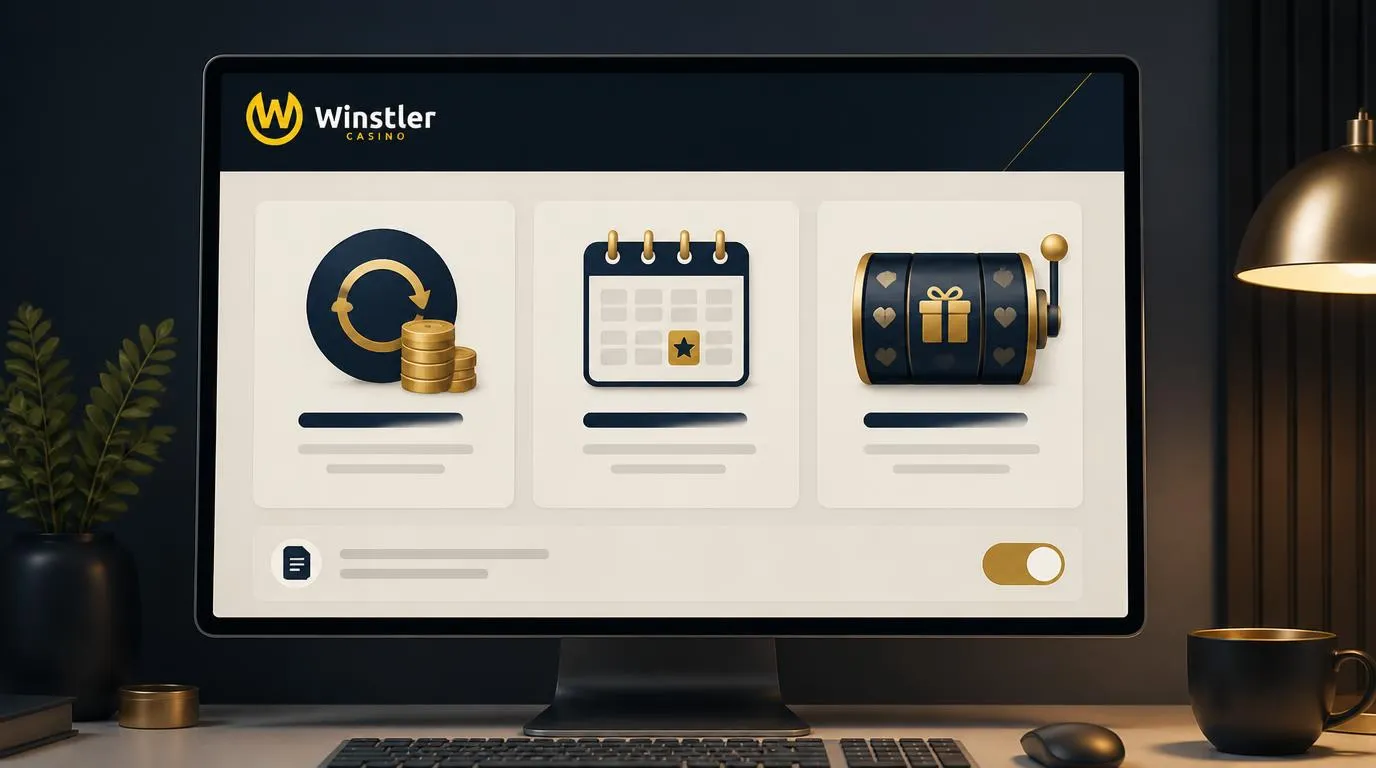 Panel promocji kasyna z kartą cashbacku, kalendarzem tygodniowych nagród i ikoną darmowych spinów