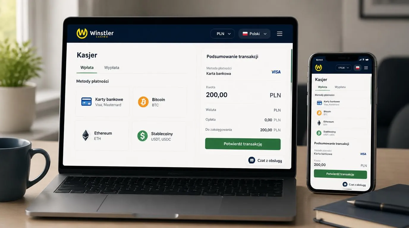 Panel kasjera w języku polskim z walutą PLN, wyborem karty i kryptowalut oraz przyciskiem czatu