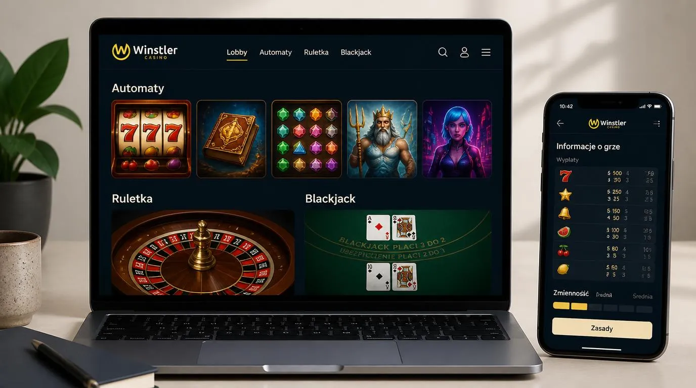 Lobby kasyna na laptopie i telefonie z kategoriami automatów, ruletki oraz blackjacka