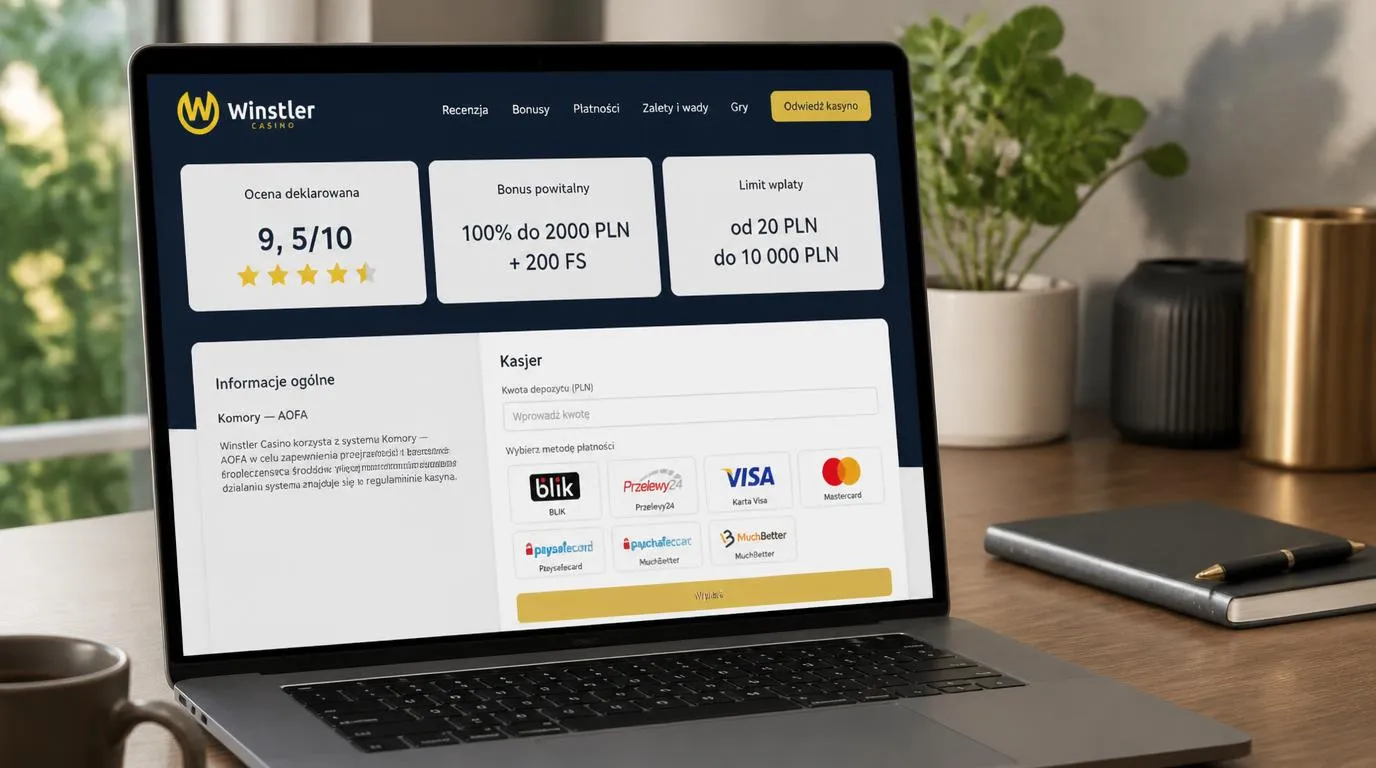 Ekran kasyna z oceną deklarowaną 9,5/10, ofertą powitalną i panelem kasy z limitem wpłaty